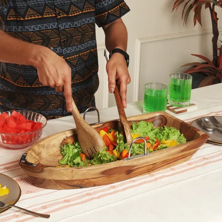 India Handicrafts Rowboat Salad Bowl with Salad Servers 711734752737 Serving Items CDA Gourmet Bowl Cutting Boards and Entertaining 2