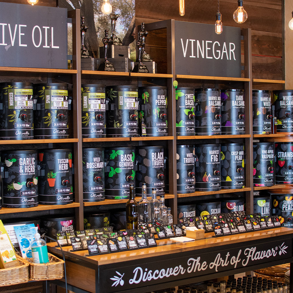 Olivelle olive oils and balsamic vinegars on display and available for free samples