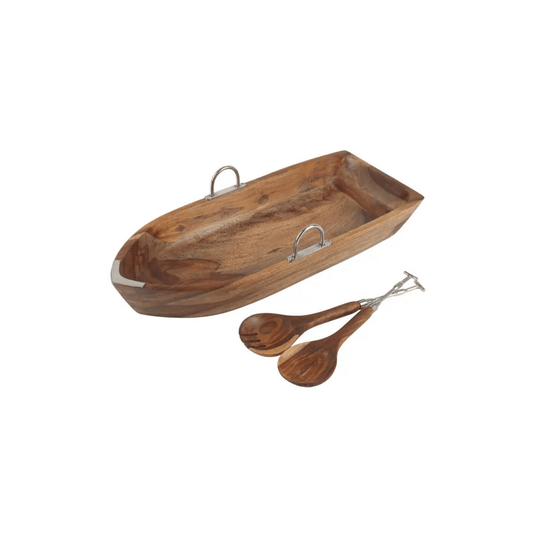 India Handicrafts Rowboat Salad Bowl with Salad Servers 711734752737 Serving Items CDA Gourmet Bowl Cutting Boards and Entertaining 1