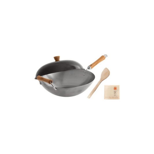 Joyce Chen Classic Series Uncoated Carbon Steel Flat Bottom Wok Set With Lid and Birch Handles - 4 Piece - 14 Inch 048002219723 Cookware CDA Gourmet asian Carbon Steel 1
