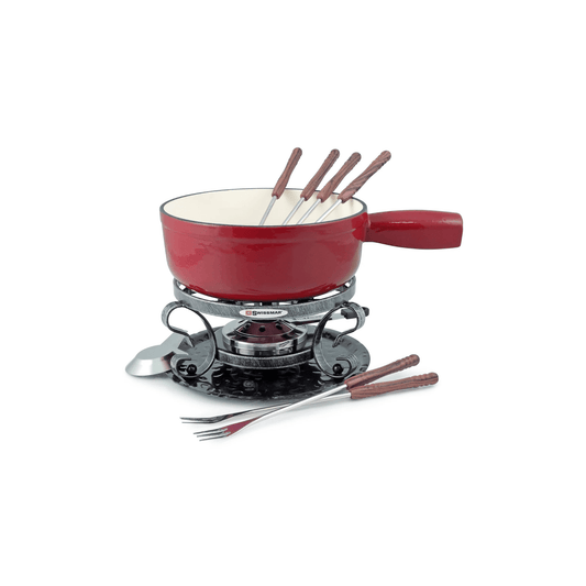 Swissmar Lugano Cast Iron Fondue - Cherry Red - 9 Piece Set 056975016287 CDA Gourmet Cutting Boards and Entertaining Fire 1