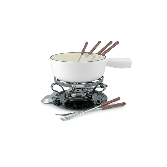 Swissmar Lugano Cast Iron Fondue - Matte White - 9 Piece Set 056975031686 Cookware CDA Gourmet Cutting Boards and Entertaining Fire 1