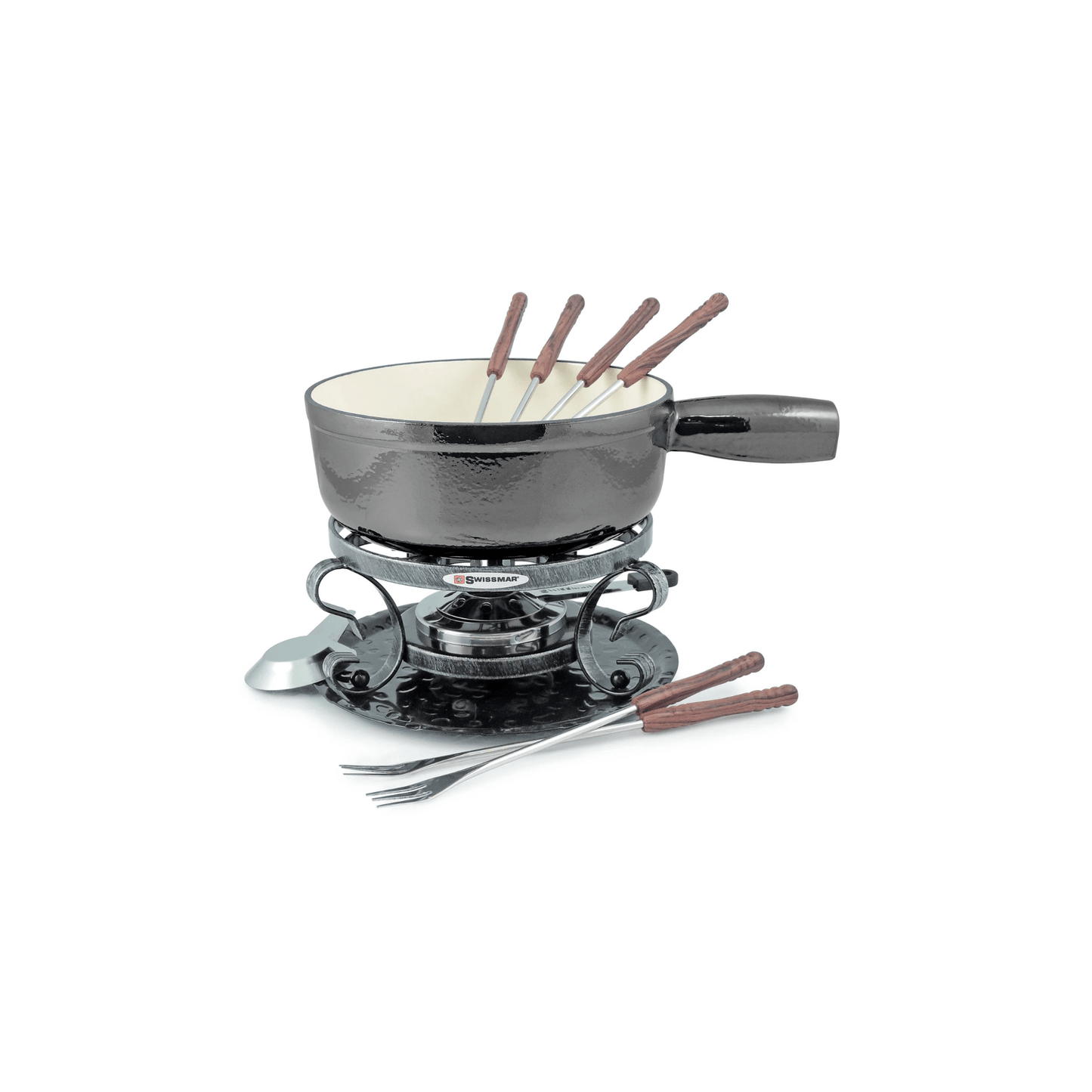 Swissmar Lugano Cast Iron Fondue - Metallic Black - 9 Piece Set 056975031679 Cookware CDA Gourmet Cutting Boards and Entertaining Fire 1