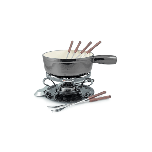 Swissmar Lugano Cast Iron Fondue - Metallic Black - 9 Piece Set 056975031679 Cookware CDA Gourmet Cutting Boards and Entertaining Fire 1